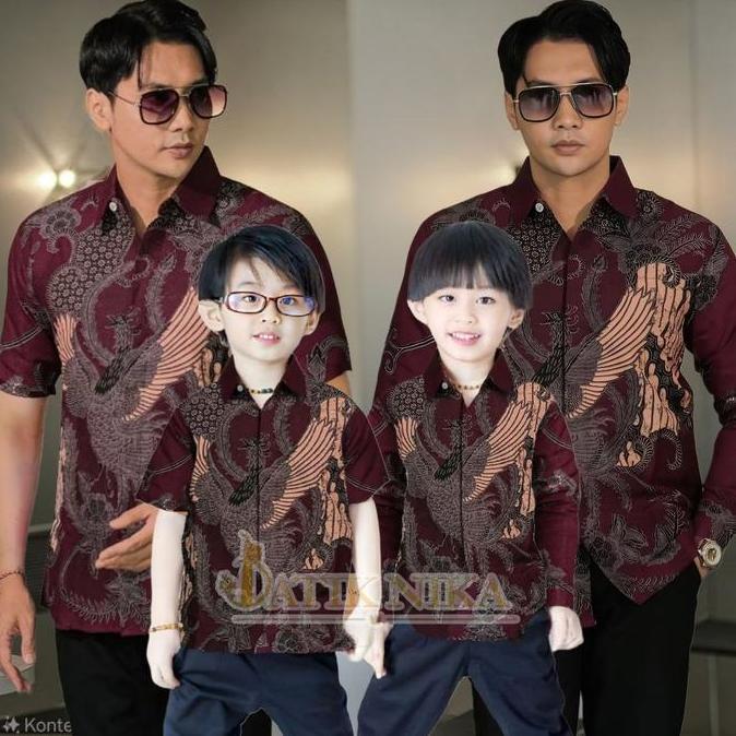 BATIK LENGAN PANJANG DAN PENDEK KEMEJA PRIA DEWASA ANAK LAKI LAKI WARNA BURGUNDY MOTIF SOANG