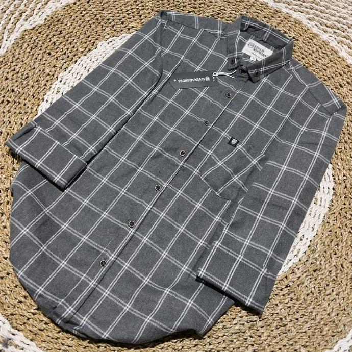 Kemeja flannel lengan panjang abu V-Neck Garis Hitam Kotak Pria Katun Distro Baju Cowok Casual Dewas