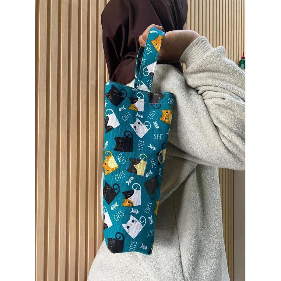TERBARU TAS BOTOL 1 LITER BAHAN KANVAS TEBAL PREMIUM MOTIF KUCING LUCU