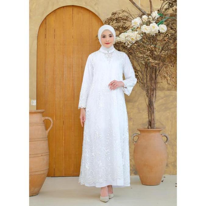 Gamis Mosleem Putih Lebaran 2025 Brukat Premium Elegance Detail Payet By Brilliant Girl