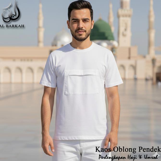 Al Barkah Kaos Oblong Hajj Umroh Lengan Pendek Pria Bahan Katun Adem Lembut Dengan Kantong Depan unt