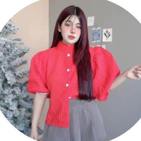 BEVERLY BLOUSE LENGAN BALON HIGHNECK MOTIF SQUARE BANGKOK Atasan Wanita Lengan Balon Motif Kotak-kot