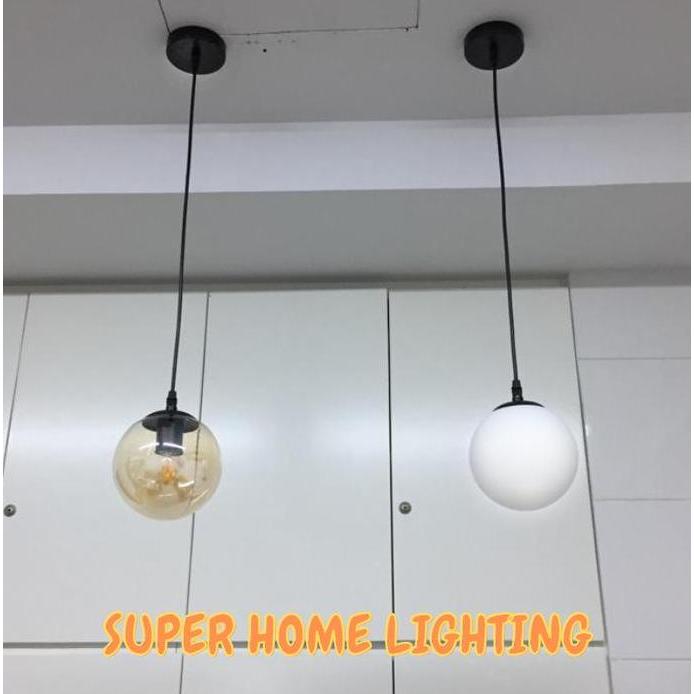 Lampu Gantung Bola Minimalis Amber / Putih Susu Ruang Makan 90810