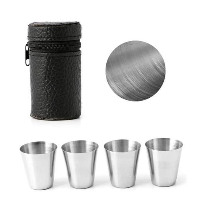 Gelas Mini Sloki 30 Ml Stainless Steel 1Set 4Pcs Sloki Dengan Leather Pouch With Zipper Kode 623
