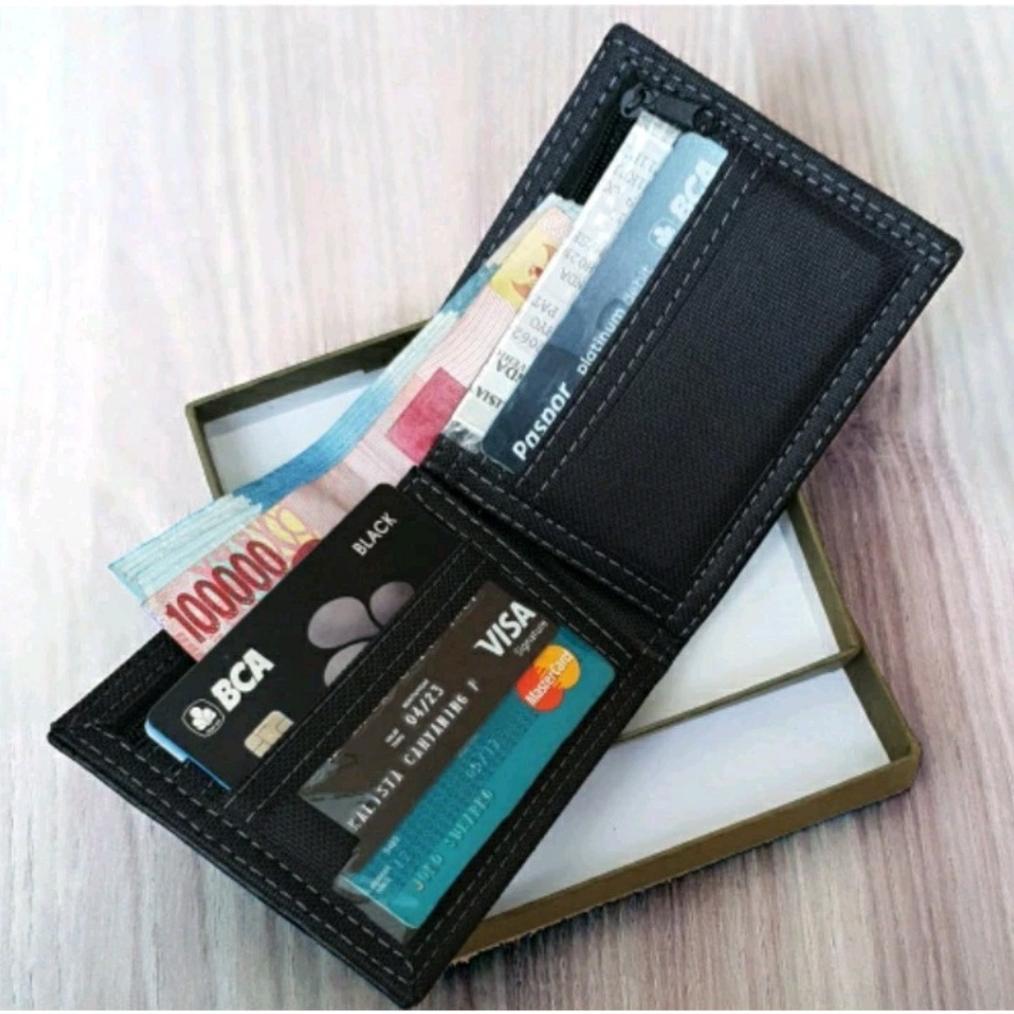 big sale dompet pria retro + box dompet kulit sintetis lipat dua prada hitam