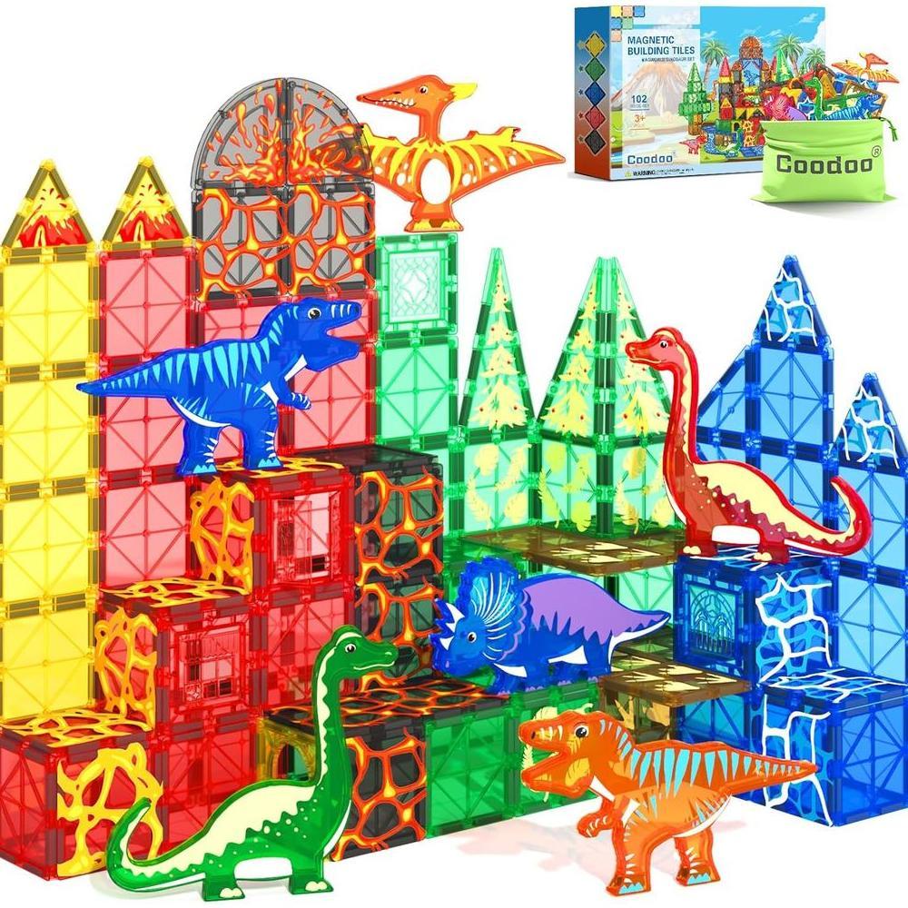Dinosaur Toys Magnetic Tiles with 8 Dinosaurs - Jurassic Scenes Dinosaur World Adventure Set