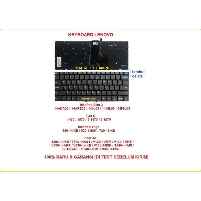 Keyboard Lenovo S340-14IWL S340-14IML S340-14API S340-14IIL Delete