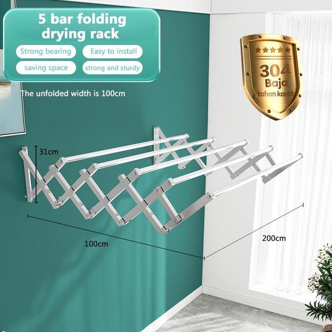 DISKON Jemuran Dinding Lipat Stainless 200CM/120cm/180cm Jemuran Baju Pakaian Dinding Jemuran Lipat 