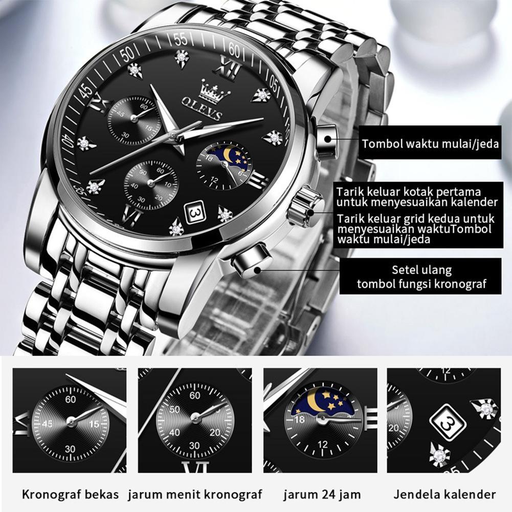 Olevs Jam Tangan Pria Anti Air Original Stainless Steel Chrono Aktif Cowok Luminous Kalender Analog 