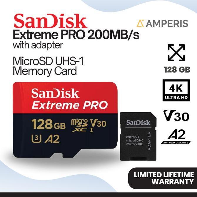 SANDISK Extreme PRO MicroSDXC 128GB 200 MB/s UHS-1 C10 U3 V30 A2 4K for Drone Camera CCTV Smartphone