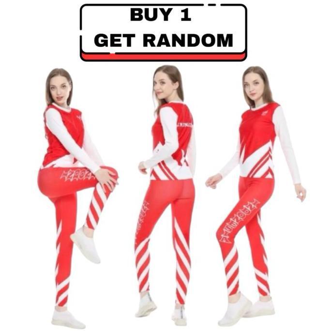 Best Seller, Promo Agustusan - Setelan  Senam Kaos Panjang Merah Putih Wanita