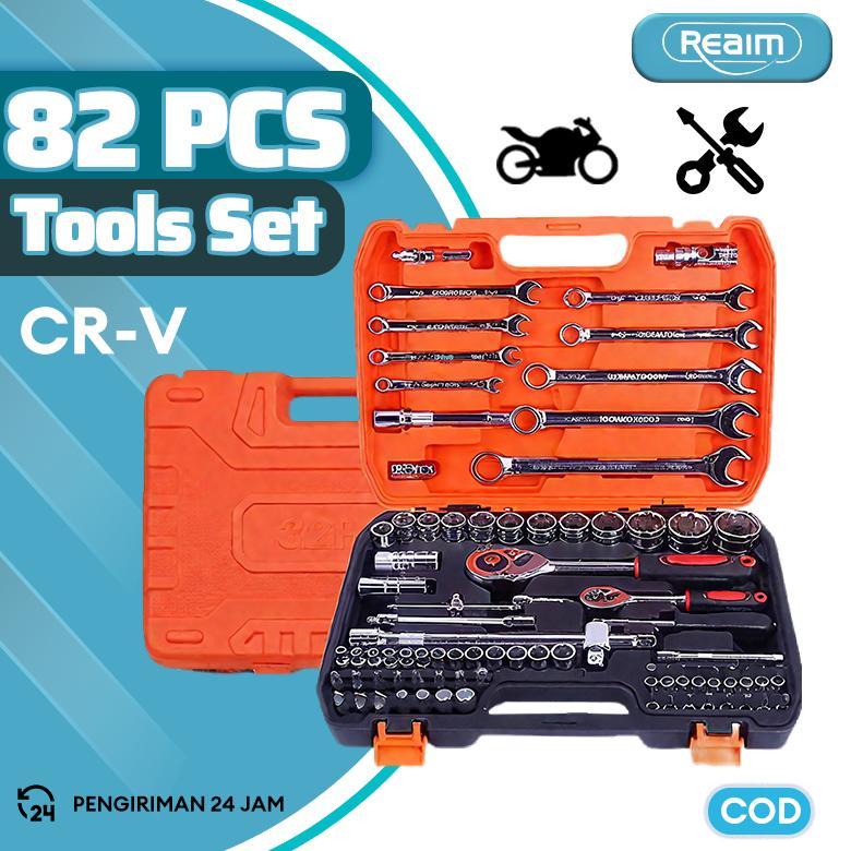 REAIM Kunci Set Lengkap 82 PCS Tool Kit Alat Kunci Pas Soket Set Alat Mobil Alat Kunci Pas Torsi Set