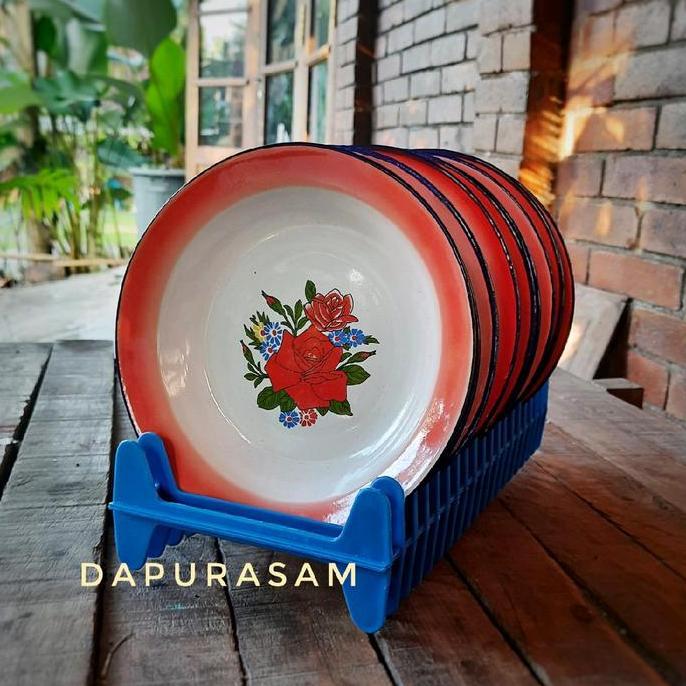 Gratis Ongkir (Lusinan) Piring Makan Enamel 20Cm, 22Cm Vintage 12Pcs Bunga Lurik Hijau Biru Merah Be