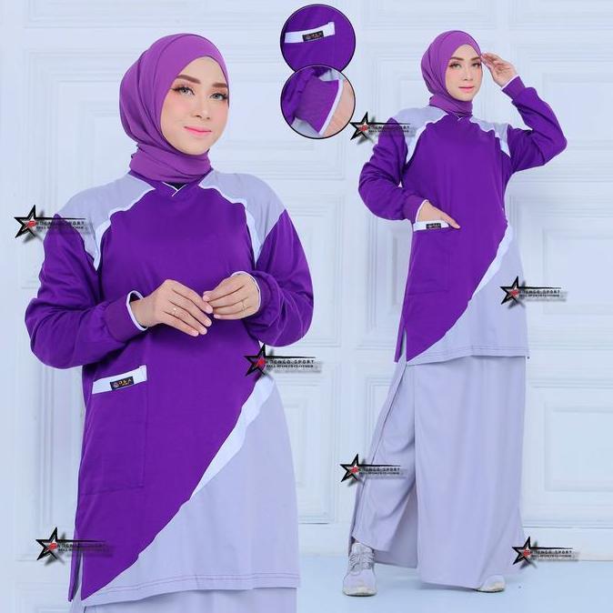 Promo, New  Setelan Kaos Olahraga Senam Tunik Wanita Muslimah Celana Rok  (Rocela) / Setelan Baju Ol