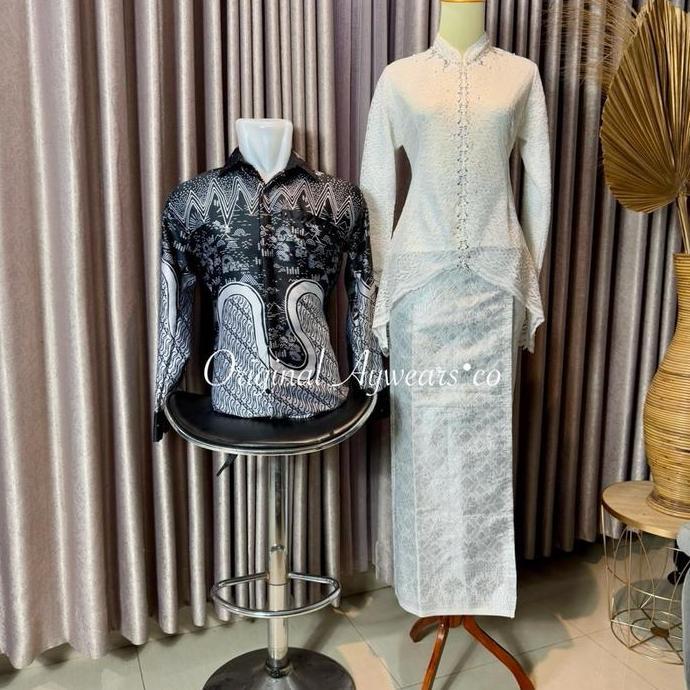 Aywearsco Set couple kebaya sh putih dan kemeja Batik pasangan/ set couple kebaya pesta kondngan Kon