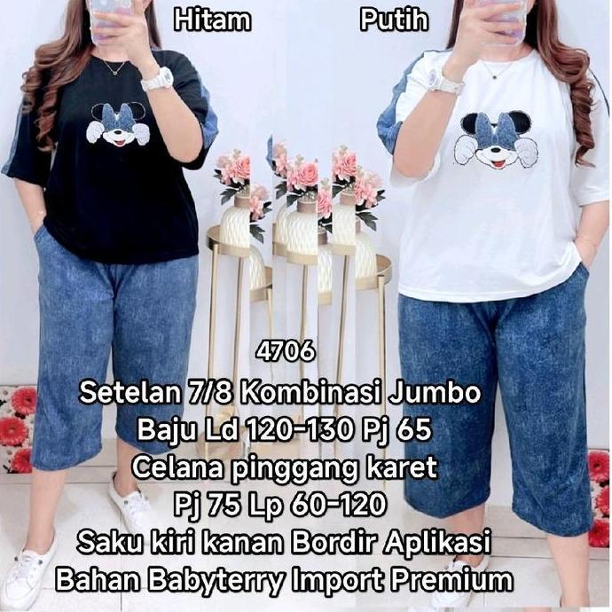 Girlfun- Setelan 7/8 Jumbo Wanita Bahan Babyterry Import Premium Baju Ld 116-140 Cm Pinggang Karet L
