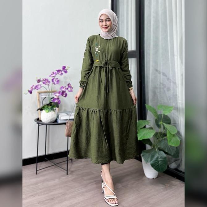 READY Arni Busana - Shakira Midi Dress Bahan Pololinen Motif Bordir Bunga Model simple Cantik Nyaman