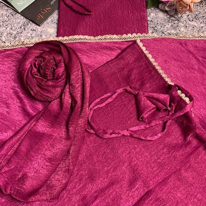 Religg- Mukena Silver Santorini Silk Renda Kecil Extra Jumbo 2In1