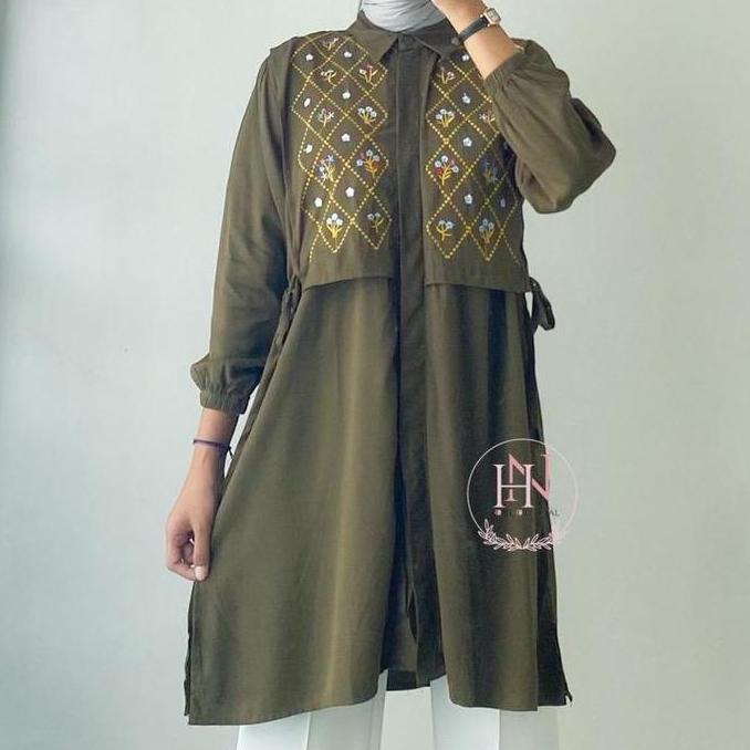 Newrelig- Savia Tunik Panjang Kancing Variasi Bordir Rayon Twill Motif Rompi Tunik Wanita Muslim