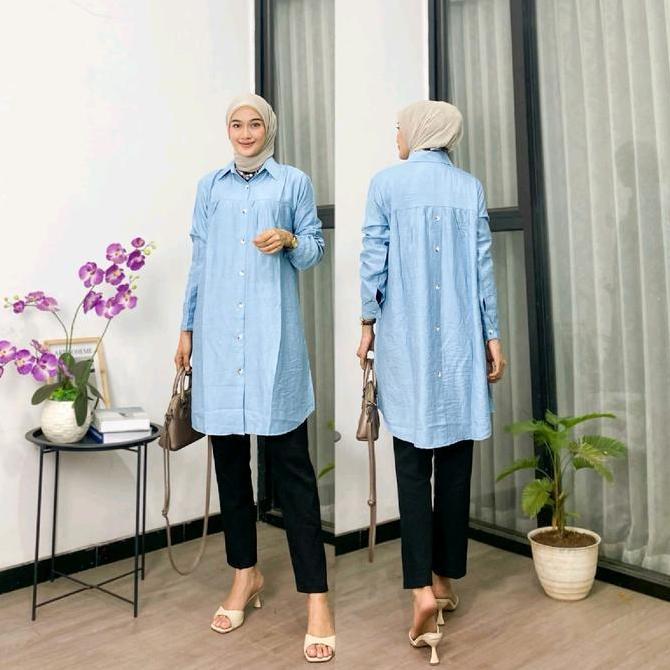 Newrelig- Azira Tunik Polo Linen Polos Kancing Depan Belakang Tunik Wanita Polos Kekinian Muslim Ata