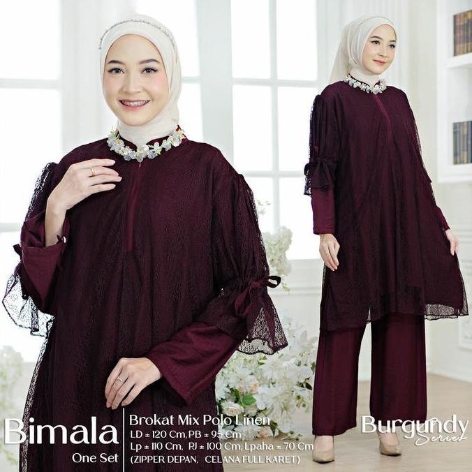 Newrelig- Bimala Setelan Wanita Brokat Mix Polo Linen Motif Polos One Set Baju Celana Hijab Style
