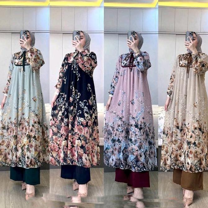 Newrelig- Setelan Tunik Melia Rayon Diamond Kancing Muslim Celana Karet