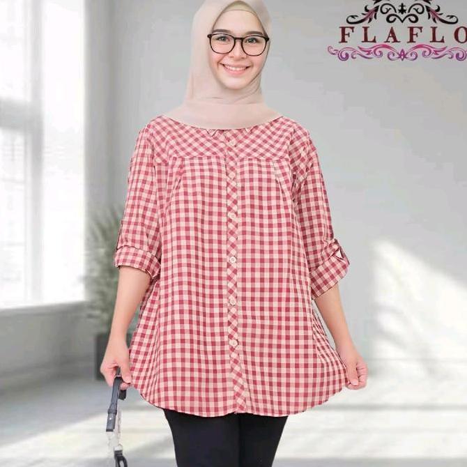 Newrelig- Tunik Wanita Kekinian Blouse Kemeja Kerja Kotak Kotak Jumbo Ld 120 Atasan Baju Muslim Panj