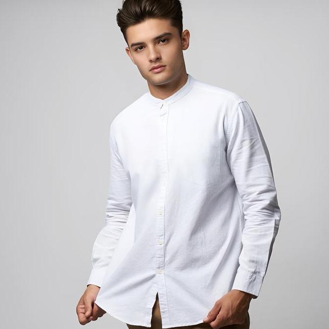 Peternation Kemeja Oxford Lengan Panjang Kerah Sanghai Warna Putih Koko Muslim Pria Dewasa Atasan