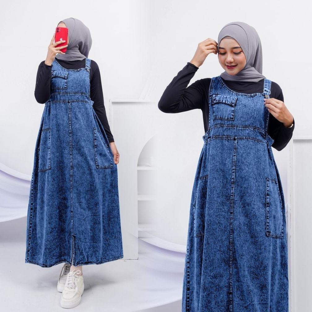 Lea Overall Jeans Wanita Pinggang Karet Retro