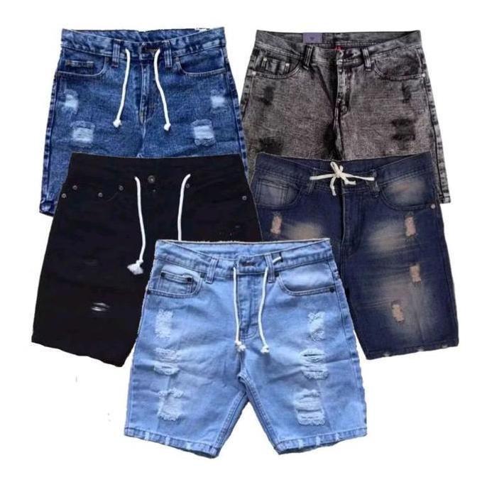 Boyboying- Celana Pendek Jeans Sobek Pria Santai Hitam Polos Distro