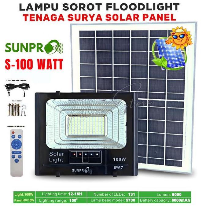Promo Terbaru, Lampu Solar 100W Cahaya Putih Ip67 Water Resistance Battery 6000Mah Sunpro S-100 Ori 