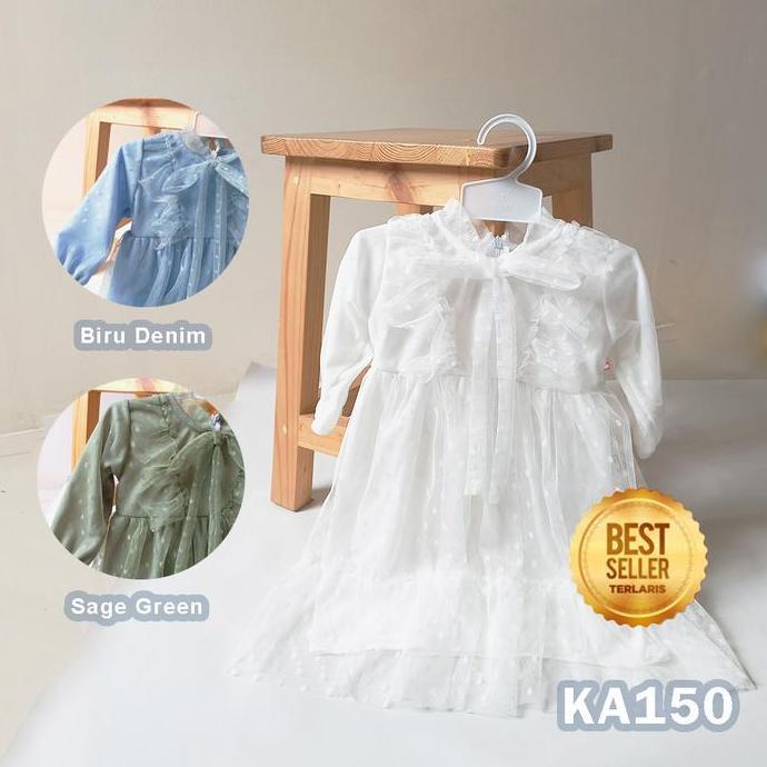 DI85 >> Baju Gaun Bayi Perempuan Lucu 6 12 bulan Korean Style Dress Tile Dot Sage Green Denim Baju A