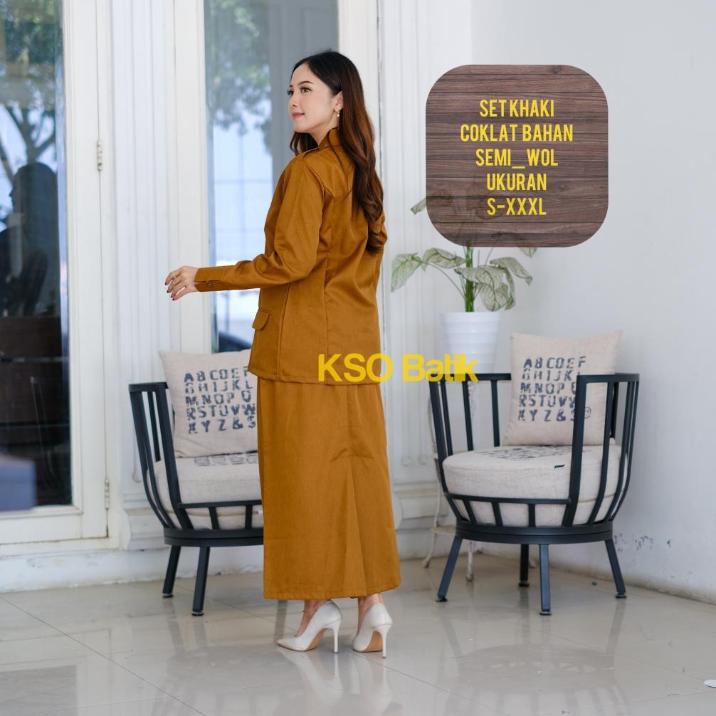 Diskont Kso Batik Khaki Wanita Kerah Rebah Saku Bawah Model Rok Span Terbaru Bahan Semiwool / Baju P