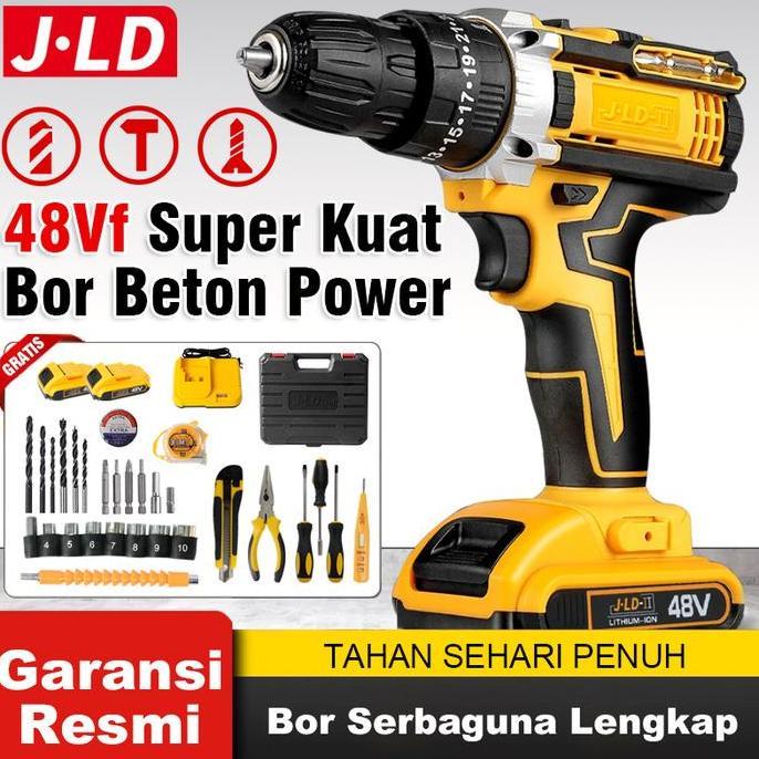 Promo JLD 48Vf Mesin Bor Impact Baterai 2-Speeds Built-in Bit Slots&Level Bor Cas jld 2 Bater Case 2