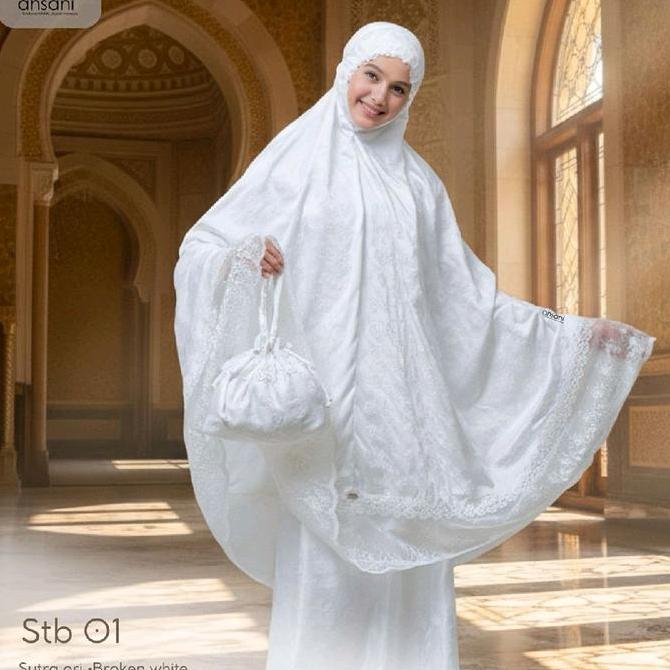 Promo Mukena Ahsani STB01 Rukuh Dewasa Putih Sutra Bordir ORI Renda Mewah Diskon