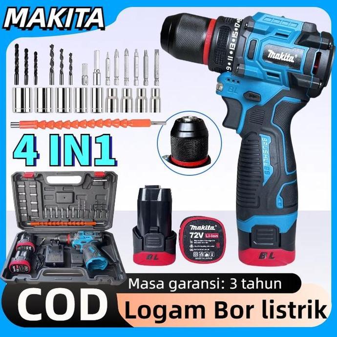 Promo MAKITA Brushless Mesin lmpact bor  4 IN 1 Clevis  2 Baterai bor Logam Mesin Bor Baterai Tangan