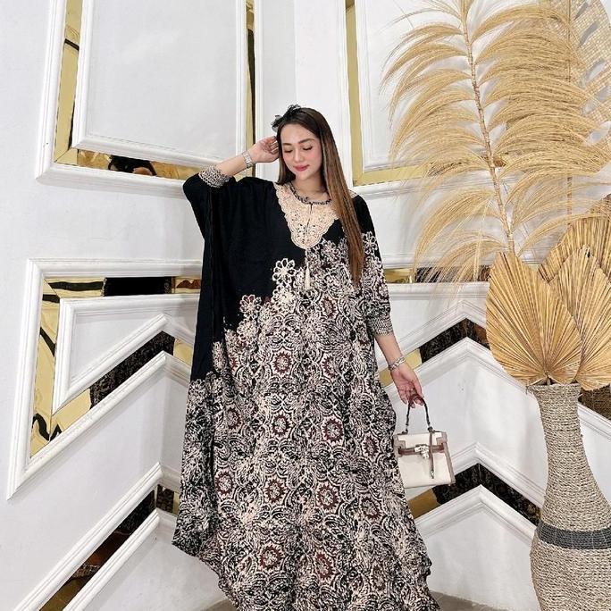 Regreg- Kaftan Premium Batik Cap/Kaftan Adelia Rayon Tebal Gamis Wanita Motif Hitam