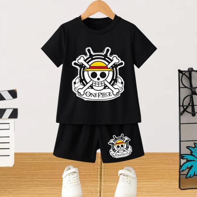 DF201 >> Baju Setelan Anak Logo One Piece Lufi Tengkorak Bahan Tebal Katun Halus Nyaman Usia 2-12 Ta