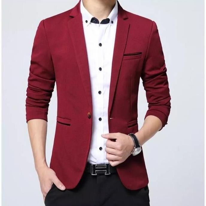 Blazer Pria Casual Jas Slimfit Merah Maroon