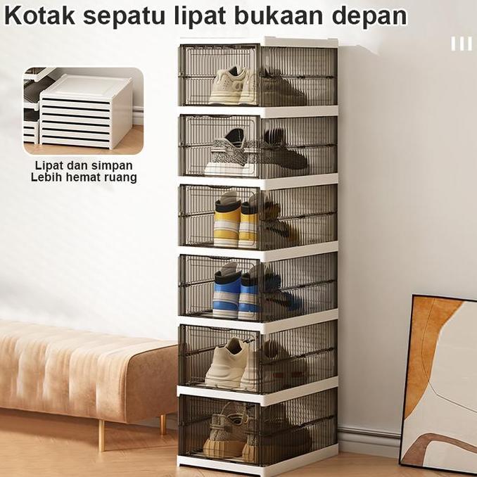 [COD] Kotak sepatu lipat 6 lapis rak sepatu transparan anti oksidasi kotak sepatu coklat hitam abu-a
