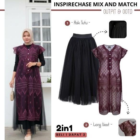 One Set Outer Brukat Sapto Burgundy (Outer Tunik Brukat + Rok Tutu Rok Tutu Panjang Tile 2 Lapis) Se