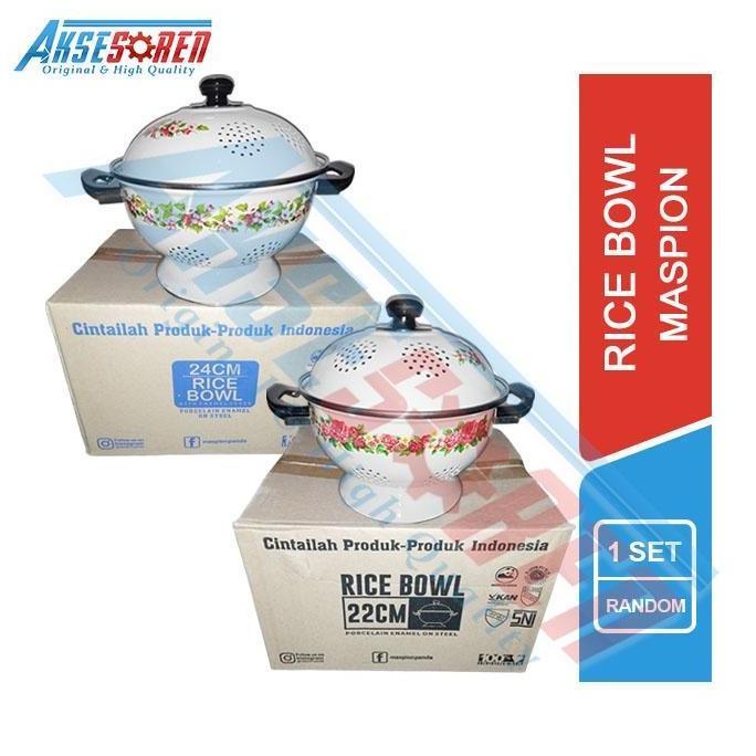 New- Sangku Tempat Nasi Putih Enamel Maspion Panda / Bakul Jadul Motif Kembang / Ceting Nasi Tutup C