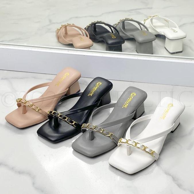 FREE ONGKIR CHELLTIC SANDAL HEELS TALI STRAP JEPIT WANITA 5 CM WARNA HITAM PUTIH SALEM ABU UKURAN 37
