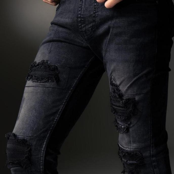 Weird Jeans - Austin Black - Celana Jeans Pria Slimfit Strech Ripped Tambal Denim Nyaman Stretch