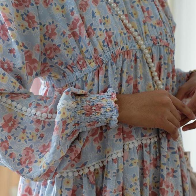 Grosir Eclemix Dress Euna | Baju Wanita Vintage Motif Bunga | Gamis Wanita Lengan Kerut