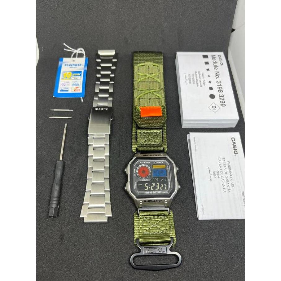 Modified jam tangan pria Casio AE-1200, colorful polarised LCD, hydromod case and elastic nato strap