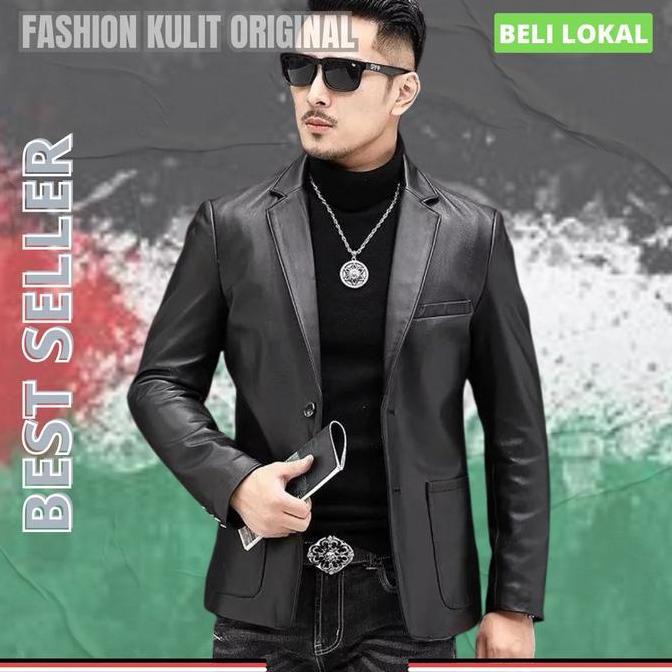 ERKAPROLEATHER-Jas Blazer Pria Model Safari-100% Kulit Domba Orinal-Jaket Slimfit Formal-Warna Hitam