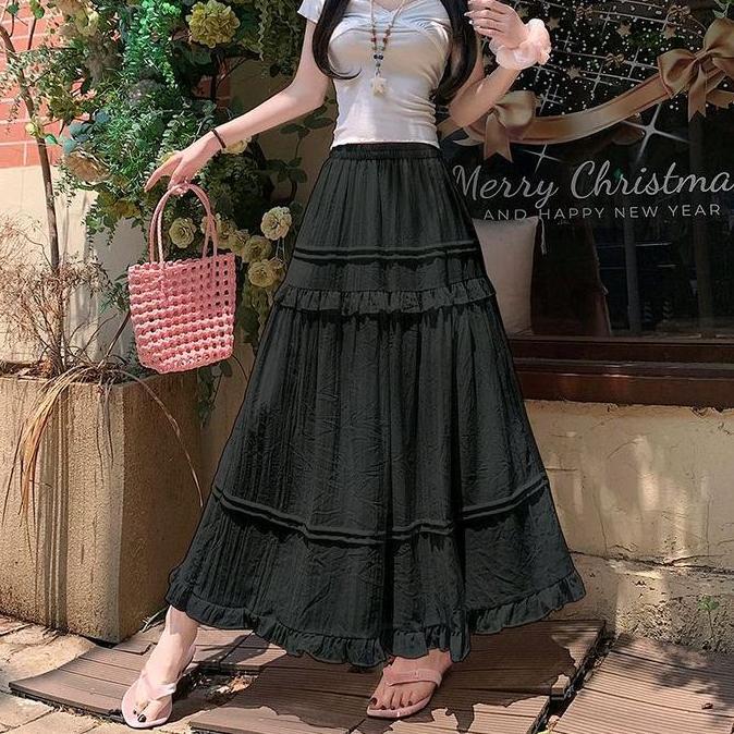 Longskirt Korea Rok Wanita Slub Elegan / Rok Panjang Wanita A-Line