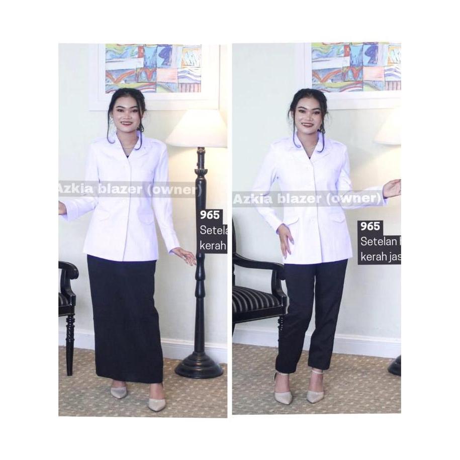 Baju kerja wanita putih hitam krah Jas