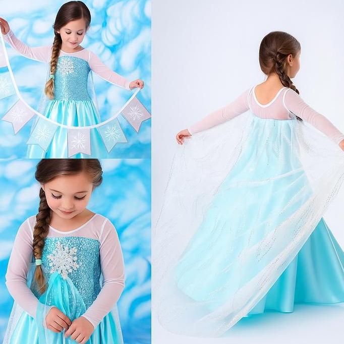 Kostum Elsa Lengan Panjang/ Baju Elsa Lengan Putih Gaun Birthday Girl Anak Fashion Perempuan Aksesor